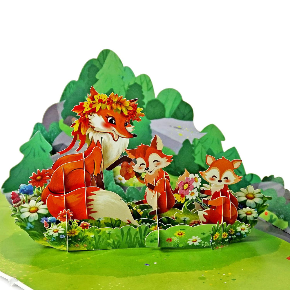 3D pop-up greeting card for Mom with happy family Fox and her children