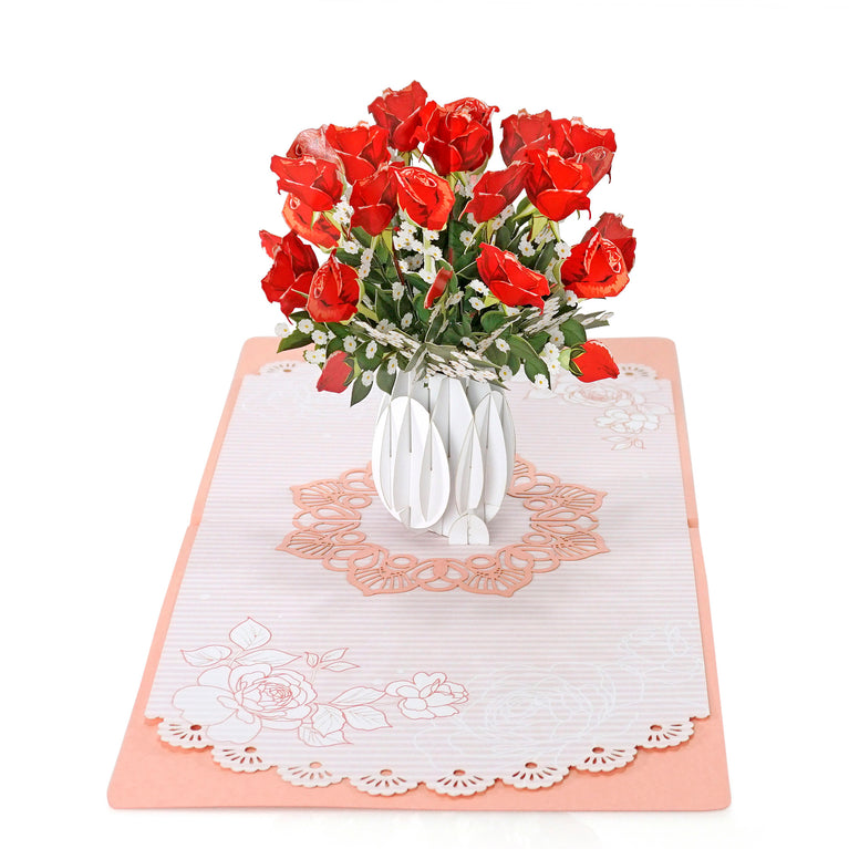 3D Red Rose vase Cut Popup card for Valentine - Mother - Birthday