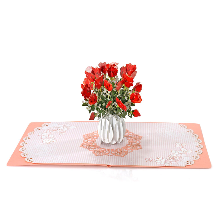 3D Red Rose vase Cut Popup card for Valentine - Mother - Birthday