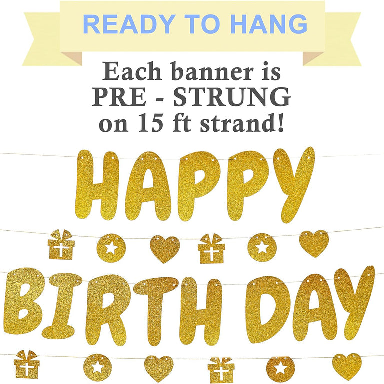 Gold Glitter Happy Birthday Banner - Pre-Strung - and Gold Glitter Circle, Star, Heart, Gift Dots Garland for Men Women Birthday Party Decorations, Happy Birthday Door Banner