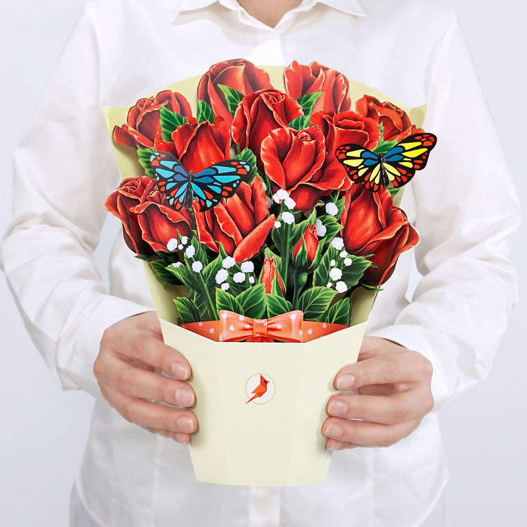 Red Rose Bouquet 3D Pop-up Card Flower Large size (10 x 12 inch)
