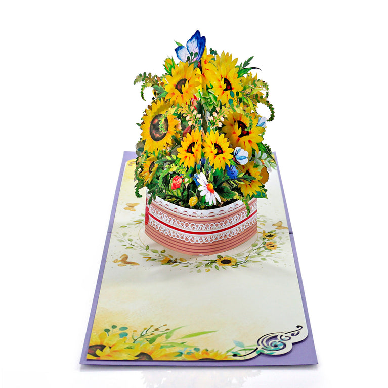 Sunflowers in Pink Vase Pop Up Card, 3D Birthday Card for Women