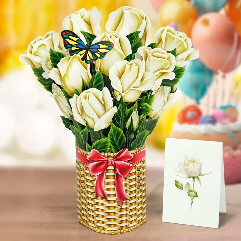 White Rose Bouquet 3D Pop-up Card Flower Small size (6 x 7.5 inch)