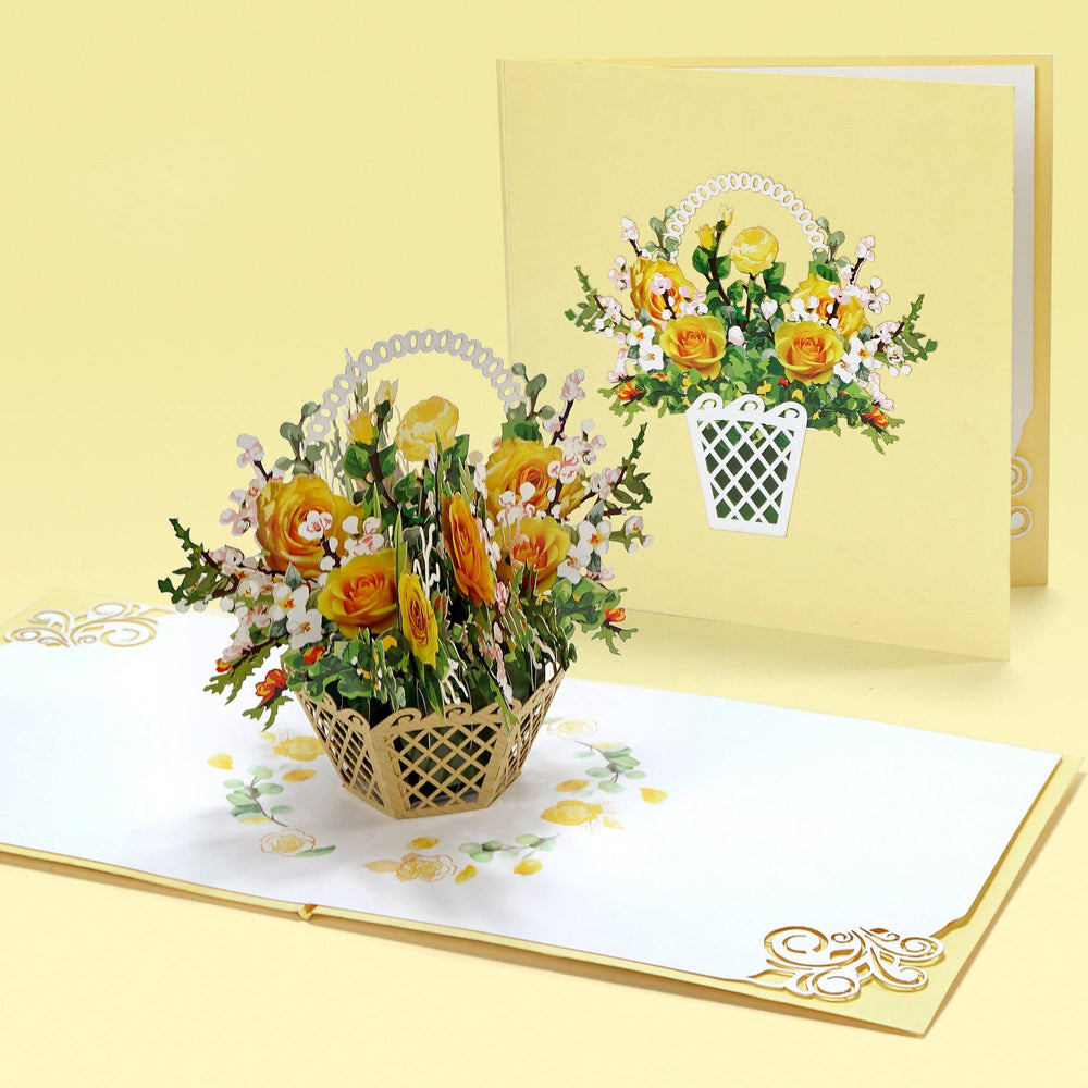 Yellow Roses Flower Basket Pop Up Card