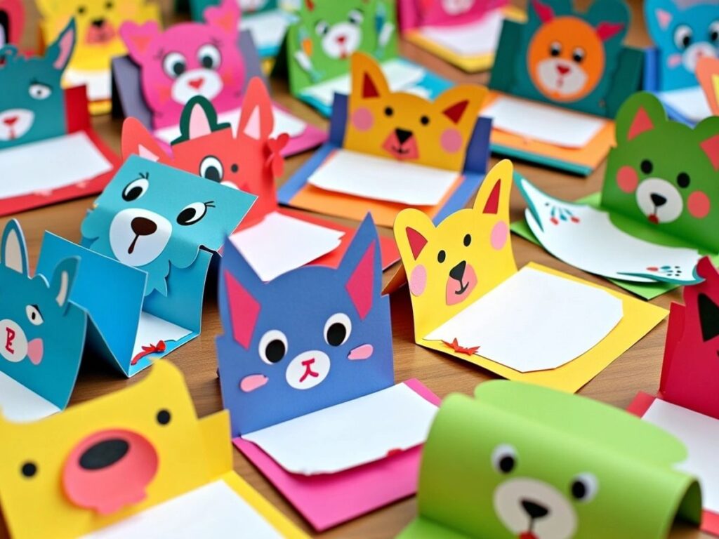 Colorful DIY pop-up cards in various creative designs.