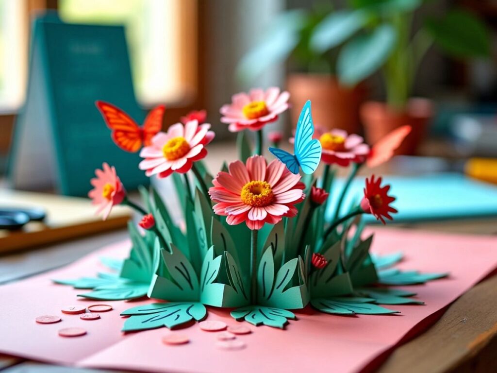 Colorful pop-up card with flowers and butterflies.