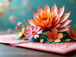 Colorful pop-up card with floral 3D design.