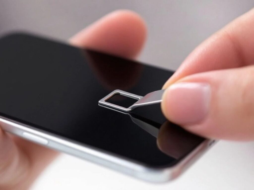 Hand holding smartphone with SIM card ejector tool.