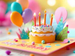 Colorful pop-up birthday card with balloons and cake.