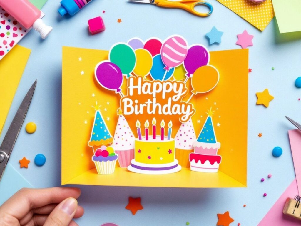 Colorful pop-up birthday card with crafting materials.