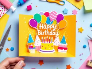 Colorful pop-up birthday card with crafting materials.