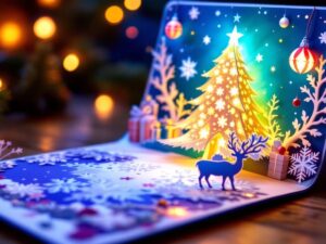 Colorful pop-up Christmas card with festive designs.