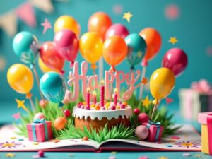 Colorful pop-up birthday card with balloons and cake.