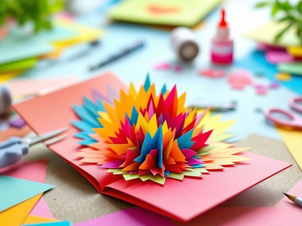 Colorful pop-up card with crafting materials around it.