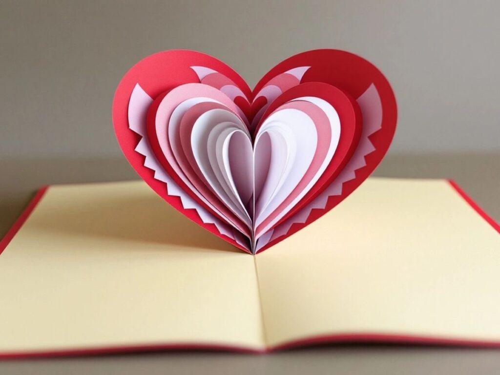 Colorful pop-up heart card partially opened.