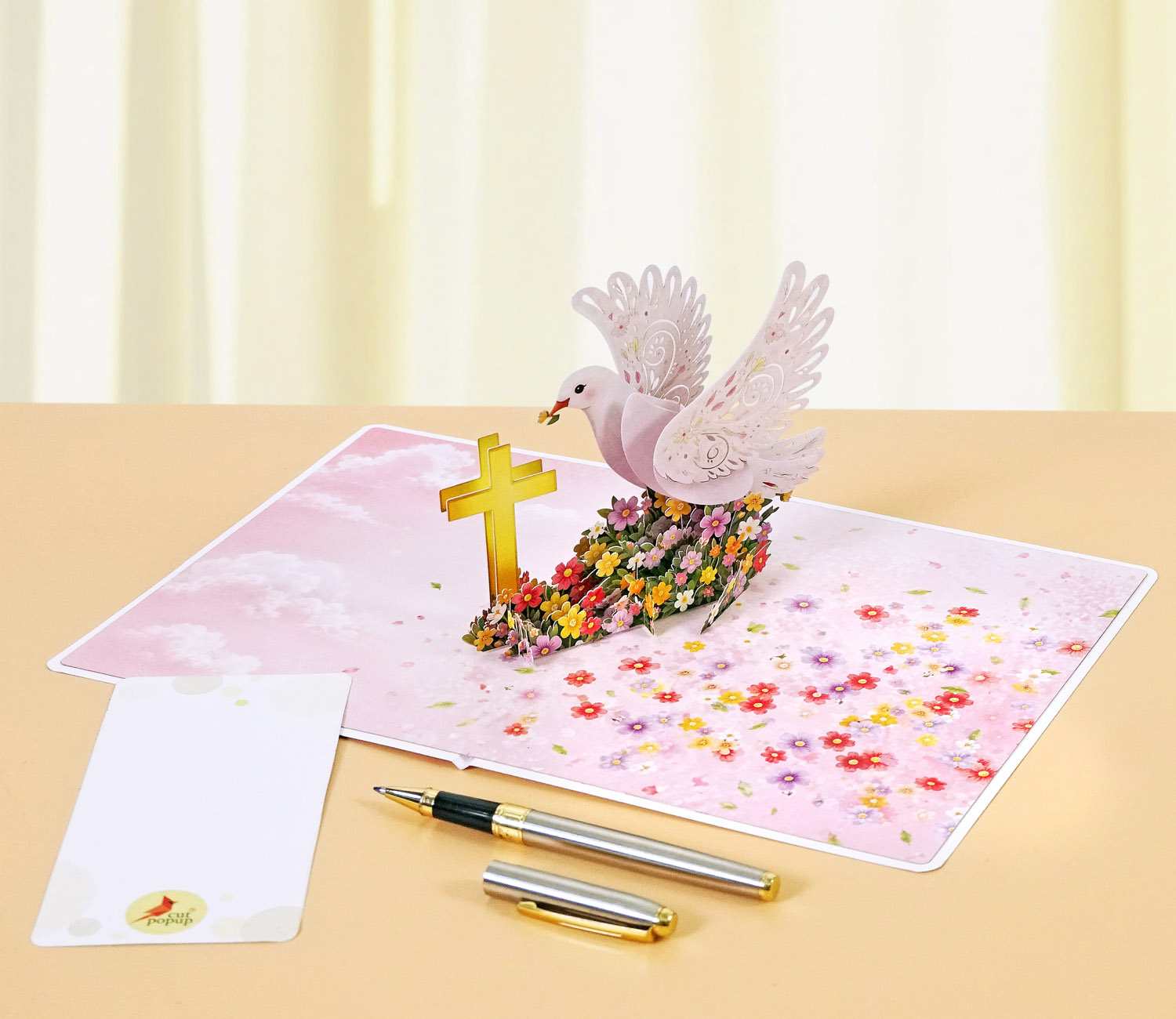 3D Dove & Cross Pop-Up Card for a newborn girl - Image 3