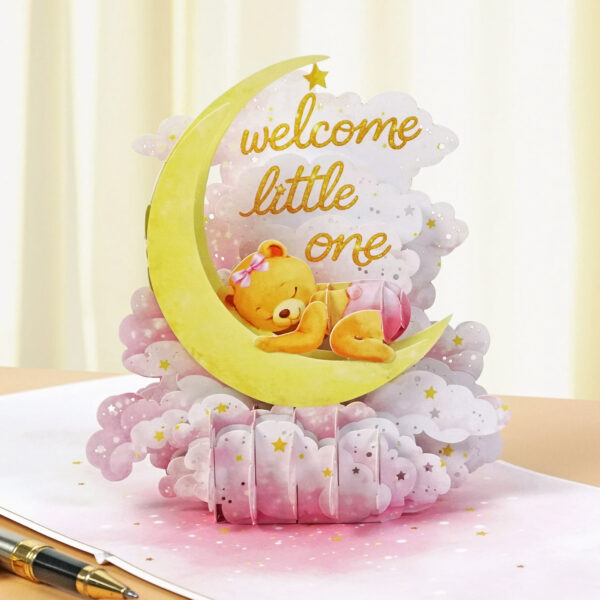 3D Pop-up Greeting Card for Newborn with Moon & Teddy Bear (Pink)