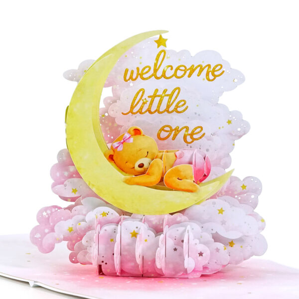 Alternative view of 3D Pop-up Greeting Card for Newborn with Moon & Teddy Bear (Pink)