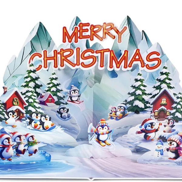 Penguins 3D Skyline cards snowy mountains for Christmas