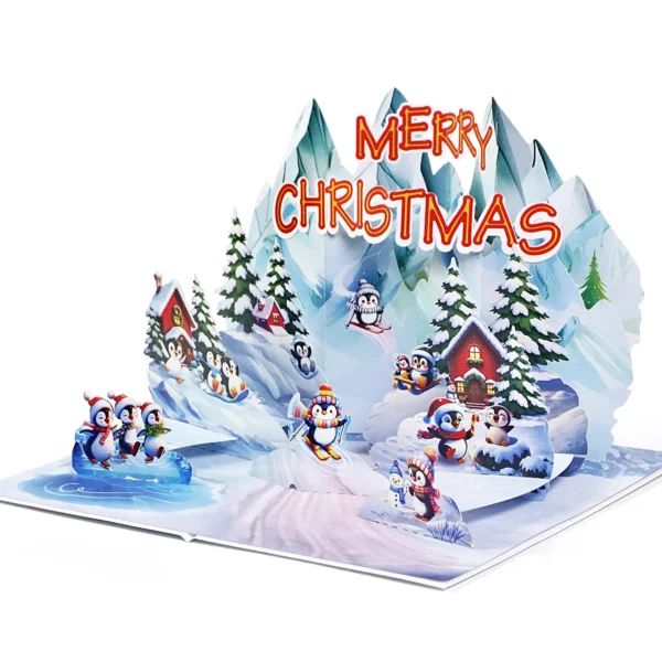Alternative view of Penguins 3D Skyline cards snowy mountains for Christmas
